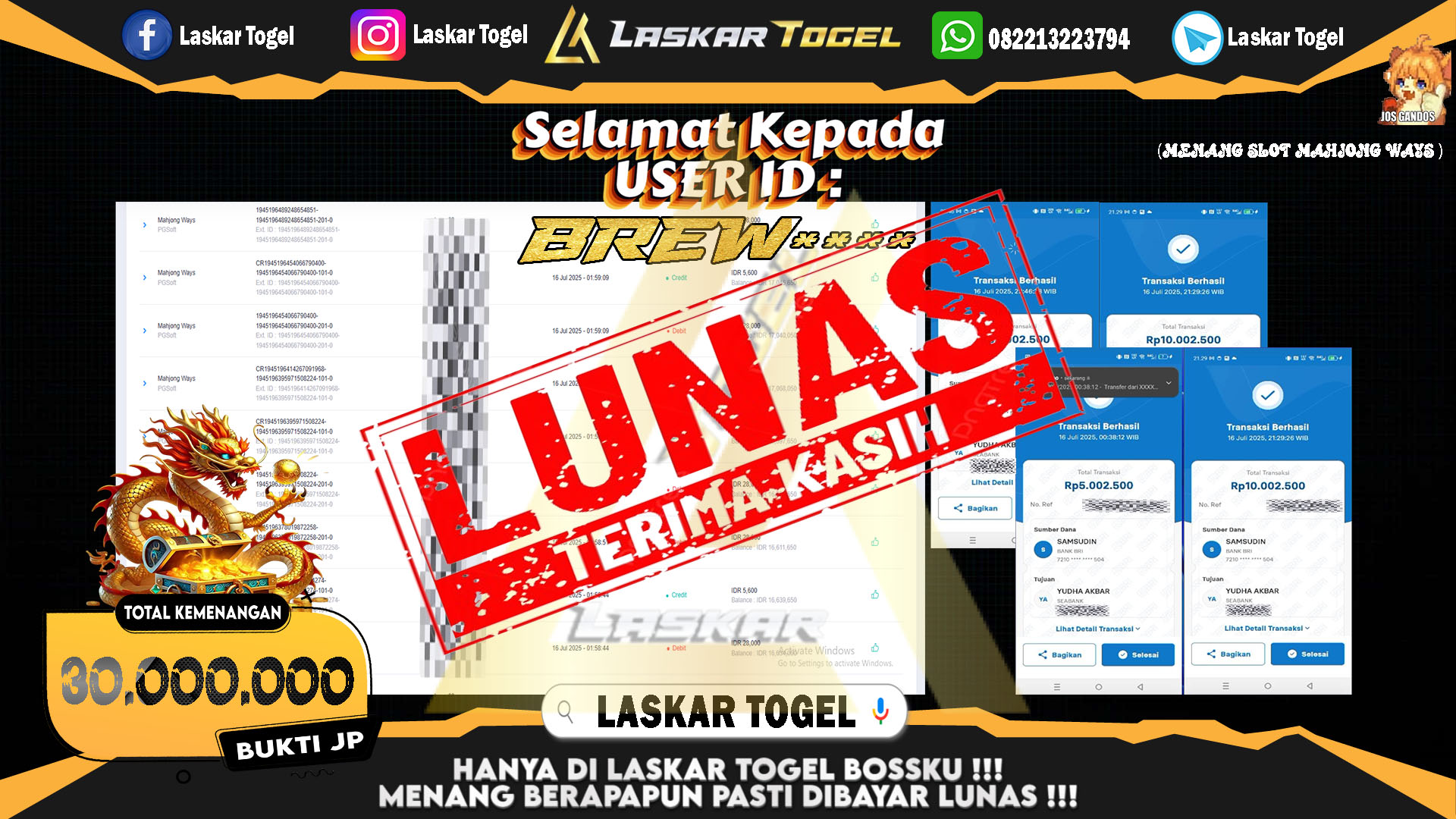 LASKARTOGEL JACKPOT SLOT MAHJONG WAYS Rp.30.000.000.,- LUNAS